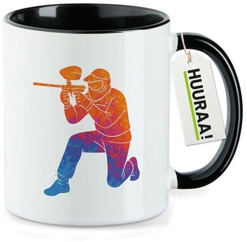 Huuraa Kaffeetasse Paintball bunte Silhouette Geschenk | Motivtasse 330ml Schwarz Keramik Tasse mit Spruch Kaffeebecher Geschenkidee Becher mit Motiv
