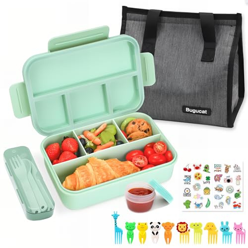 Bugucat Bento Lunch Box 1300ML with Lunch Bag, Kids & Adult Lunch Box with Cutlery, Snack Boxes with Sauce Box & 10 x Fruit Fork, Bento Box with Compartments for School Kindergarten Office, BPA-Free