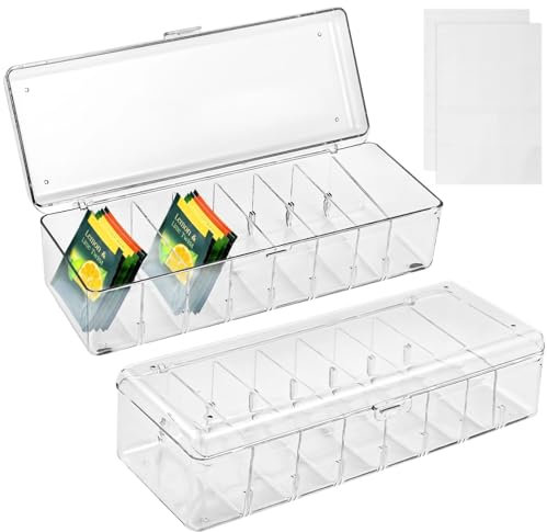 Set di 2 organizer per bustine di tè, contenitore trasparente con coperchio, porta bustine da cucina con etichette adesive e fascette con cerniera