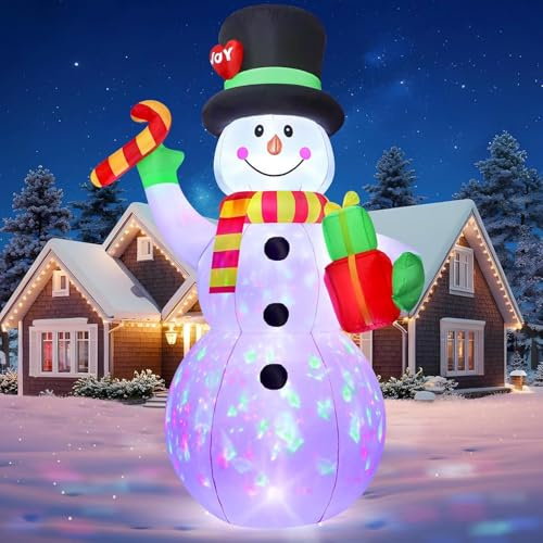 Pupazzo di Neve Gonfiabile 2,13 m con Bastoncino di Zucchero e Scatola Regalo – Decorazione Natalizia 7FT per Esterni con Luci LED e Ventilatore, Facile e Veloce da Gonfiare, per Giardino e Interni