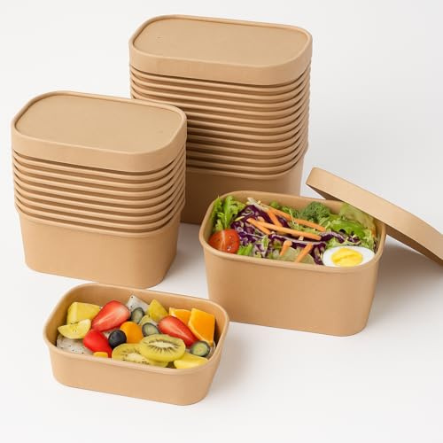 ECONX 100 X Kraft Food Containers with Paper Lids 500ml Disposable Rectangular Takeaway Box Heavy-Duty | Leakproof and Oil-Proof Kraft Paper Salad Takeaway Box for Lunch Restaurants, Parties