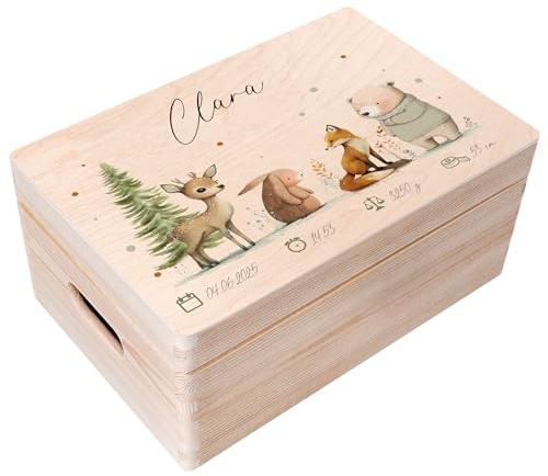 Creative Deco Erinnerungsbox Baby Personalisiert mit Namen Tiere Wald | Individuelle Erinnerungskiste Geschenk zur Geburt für Mädchen und Jungen | Holzkiste mit Deckel Zeitkapsel | Farbdruck