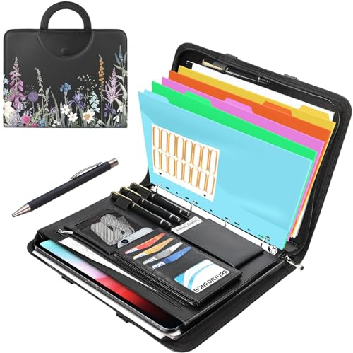 BONFORTURE Schreibmappe A4 mit 5er Register, Konferenzmappe mit 4 Ringbuch Reißverschluss Griff Klemmbrett Notizblock Stift, Dokumentenmappe Aktenmappe Ordner für Büro Business Uni Schule Schwarz