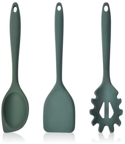 3 Stück Silikon Rührlöffel Set, Silikon Spatel Set Küchenutensilien zum Backen, Rührlöffel for Cooking Baking Stirring Kochblume Löffel KochlöffEl mit Loch für Kochen, Backen, Rühren (Dunkelgrün)