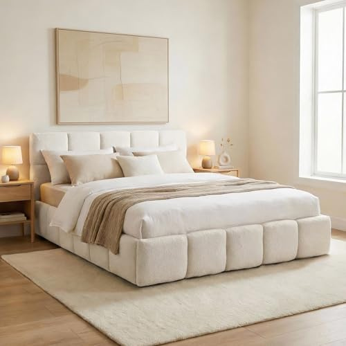 IDIMEX Polsterbett Cloudy gepolstert 180 x 200 cm, Cremeweiß – modernes Doppelbett mit Bouclé Stoffbezug, inklusive Lattenrost und Rückenlehne, gepolstertes Kopfteil