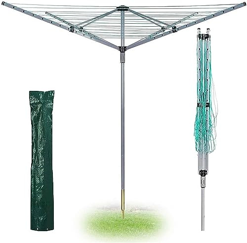 60M Heavy Duty 4 Arm Outdoor Rotary Clothes Airer, Portable Folding Rotary Washing Line, Rotary Washing Line Spike, 4 Arm Washing Line for Outdoor & Garden