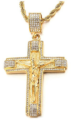 COOLSTEELANDBEYOND Grande Oro Collana con Pendente Gesù Cristo Crocifisso Croce con Zirconi, Uomo Donna Ciondolo Croce, Acciaio Inossidabile, Catena Corda 75CM