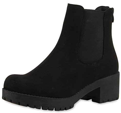 SCARPE VITA Damen Chelsea Boots Blockabsatz Plateau Stiefeletten Leder-Optik 165389 Schwarz Velours 39