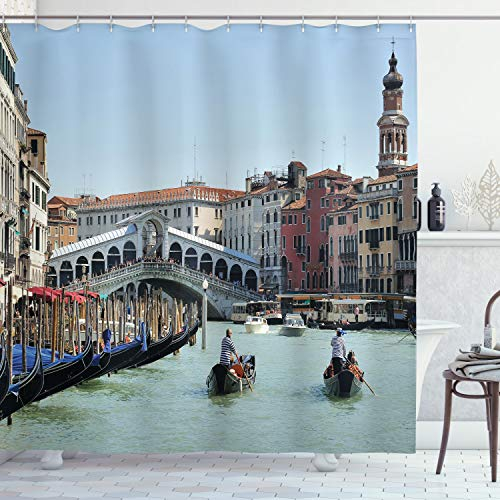 ABAKUHAUS Italien Duschvorhang, Venedig Gondel Canal Foto, Stoffliches Gewebe Badezimmerdekorationsset mit Haken, 175 x 220 cm, Mehrfarbig