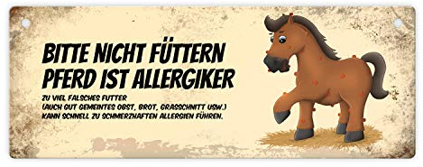 Metallschild mit braunem Pferd Motiv und Spruch: Bitte nicht füttern - Allergiker