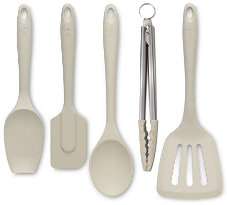 Zeal JSET45C Non-Stick Silicone Tongs, Turner, Spatula Cook Spoon 5-Piece Set-Cream