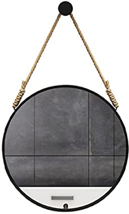 JZ008 Black Large Modern Round Mirror, Thick Heavy Metal Framed Wall Mounting Mirror with Hemp Rope, Wrought Iron Framed HD Mirror for Makeup