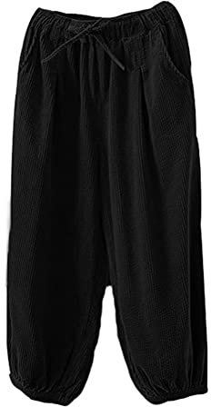 FTCayanz Damen Cordhosen Weite Hosen Elastische Taille Baumwolle Kordelug Haremshose Freizeithose mit Taschen Schwarz XL
