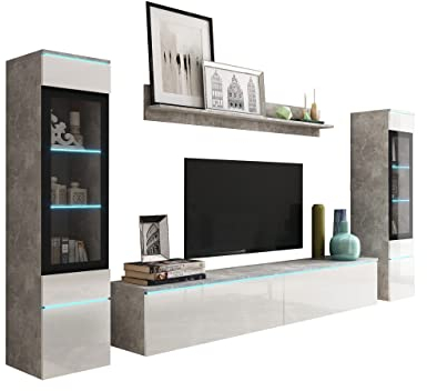 Mirjan24 Wohnwand Doppo II, Schrankwand, griffloses Öffnen, Anbauwand, Fernsehschrank, Mediawand, Wandregal, TV-Lowboard, 2X Hängevitrine (Beton/Weiß Hochglanz, mit weißer LED Beleuchtung)