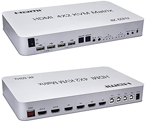 XYKJOBC 4 porte USB HD KVM Matrix 4X2 Dual Monitor 4K @60Hz HDR Switch Splitter 4 in 2 switch HD 2.0 per tastiera USB2.0 Mouse PC con telecomando e commutazione controllata da tastiera, nero
