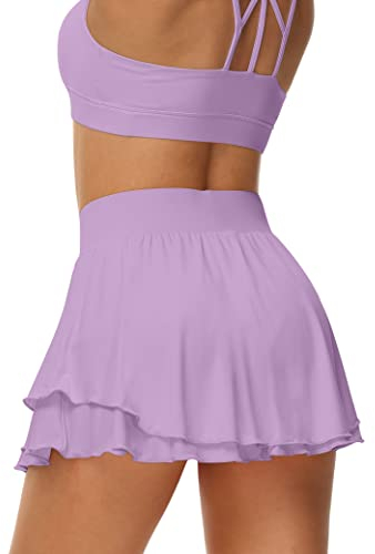UrKeuf Women's Athletic Tennis Skirts with Pockets 13in Ruffle Golf Running Workout Ice Silk Flowy Skorts with Sports Shorts, Purple, M