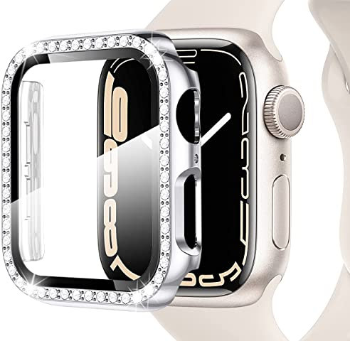 Miimall Funda Compatible con Apple Watch Series 8/7 41mm 45mm, Funda de PC con Bling Diamond para Mujer [Protector de Pantalla Vidrio Templado], Carcasa Protectora para iWatch Series 8/7-Plata