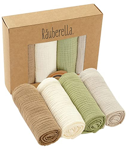 Räuberella® Spucktücher im 4er-Set I 60x60 cm I Musselintücher-Baby aus 100% Bio-Baumwolle I Bezauberndes Spucktuch-Baby-Set I Waschbare & saugfähige Musselin-Tücher für Mädchen & Junge