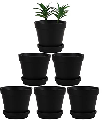 Terra-Cotta-Töpfe mit Untersetzer, 6 Stück, große Terrakotta-Töpfe, 14 cm, Ton, Keramik, Pflanzgefäß, Kaktus-Blumentöpfe, Sukkulenten-Topf mit Drainageloch, Basteln, Terrakotta-Übertopf (schwarz)
