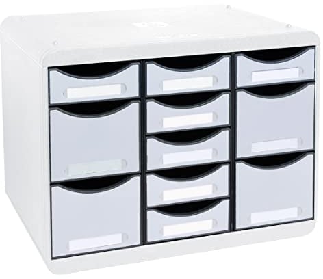 Exacompta 313740D Ablagebox Office aus Kunststoff mit 11 individuell platzierbaren Schubladen. Belastbare Schubladenbox im Querformat für mehr Ordnung. Store Box Multi lichtgrau