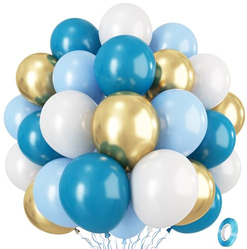Türkis Blau Gold Ballon Set, 12 Zoll Luftballon Blaugrün Aqua Pastell Blau Metallic Gold Weiß Latexballons, Luftballon Blau Gold für Junge Taufe Geburtstag Babyparty Brautparty Hochzeit Party Deko