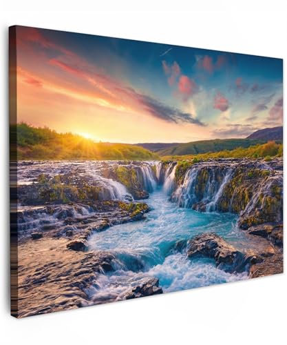 MuchoWow© Impression sur Toile Peinture 40x30 cm Tableau Mural Decoration Salon Reproductions de Tableaux Murale Moderne Cascade - Plantes - Mousse - Paysage - Coucher de soleil - Roche