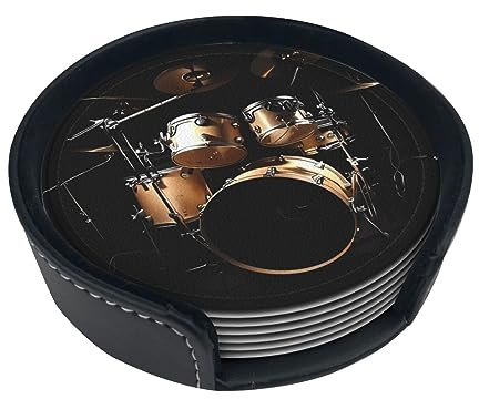 Cool Drum Set Druck 6 Pcs Runde Leder Untersetzer Wasserdicht Getränkeuntersetzer Tassen Matte mit Halter für Wohnzimmer Bar 10 cm