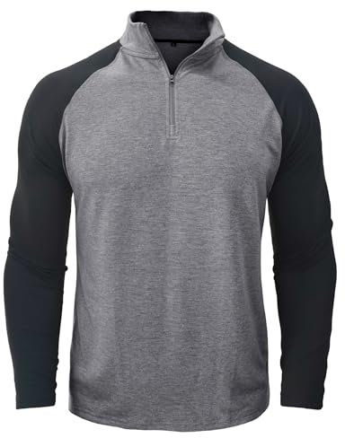 Kuukaas 1/4 Zip Long Sleeve Mens Golf Shirts Gym Tops for Men Long Sleeve Lightweight Grey Long Sleeve Running Top Men Activewear Long Sleeve Tops L