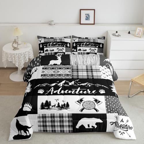 Castle Fairy Jagd-Abenteuer-Bettwäsche-Set, King-Size-Größe, Hirschgeweih, Bär, Kiefer, Patchwork-Geometrie, Bettwäsche-Set, Ganzjahres-Bettwäsche-Set, Pfeilhütte, Boho, Azteken-Camper, Gitter,