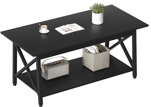 GreenForest Coffee Table with Storage, 100cm Living Room Coffee Tables With 2-Tier Storage Shelves, X-Frame Design Center Table for Home Office, Black