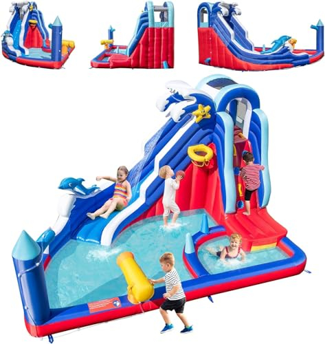 DREAMADE 6-in-1 Hüpfburg mit Wasserrutsche, Aufblasbare Hüpfburg Wasserpark mit Kletterwand, Wasserpistole, Basketballkorb, Ringwurf, Hüpfburg Outdoor für Kinder 3-10 Jahre (ohne Gebläse)