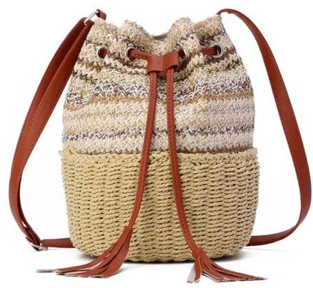 EVEOUT Bolsos Bandolera de Paja para Mujer Verano Bolso de Hombro Tejido de Playa Vacaciones Bolsa de Cubos