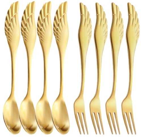 Pleafind 8PCS Coffee Tea Spoons Cake Forks, Stainless Steel Gold Wing Shape Small Dessert Forks Ice Cream Teaspoons Stirring Milk Spoon Gifts for Men, Christmas Birthday Men Gifts, Dishwasher Safe