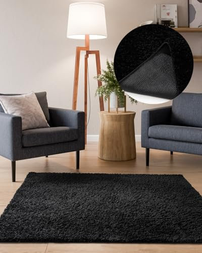 Interiyou Hochflor Teppich Sofia - 200x200 cm Schwarz - flauschig und einfarbig - waschbar und rutschfest - weicher Langflor