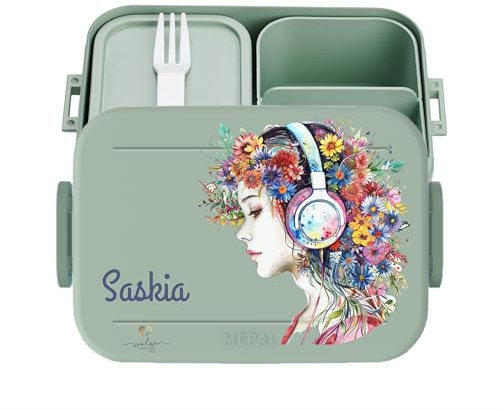 wolga-kreativ personalisierte auslaufsicherer Lunchbox Erwachsene Frau Brotdose Mepal mit Mädchen Kopfhörer Motiv Brotzeitbox Vesperdose mit Namen 2 Unterteilung Fächer bedruckt