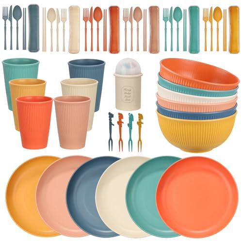 Osrioal 60 Pcs Plates and Bowls Set, Dinner Sets for 6 People, Plastic Camping Crockery Sets, Lightweight Dinnerware Sets, Colorful Camping Plates, Bowls, Cups, Cutlery Set, Forks for Pinic, Outdoor