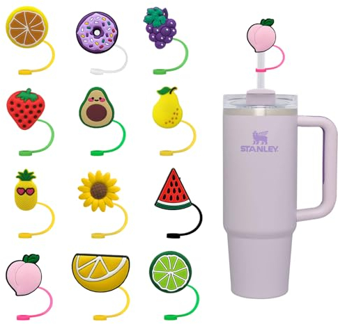 BSITSSS 12 Piece for Stanley Cup Straw Cover, 10mm Silicone Straw Toppers, Fruits Straw Covers, Cute Straw Topper, Reusable Silicone Straw Cap, Dust-Proof Straw Cover Cap, Straw Caps Protector