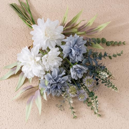 KARLOR Flores artificiales blancas y azules, ramo de flores artificiales, decoración de flores, arreglos florales, centro de mesa, boda, flores artificiales como azul real y blanco, decoración de mesa