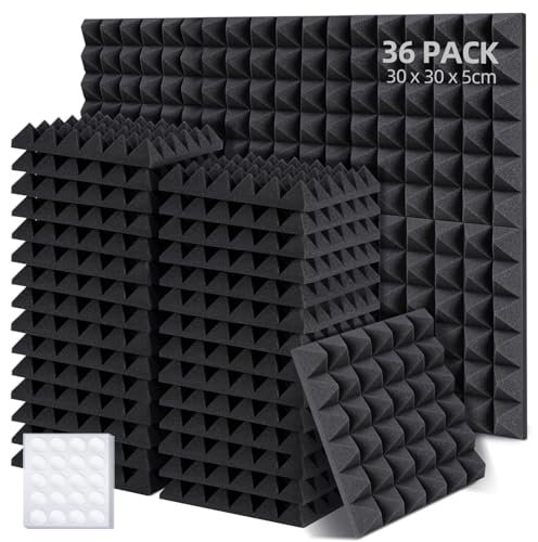 Ohuhu Lot de 36 panneaux acoustiques en mousse acoustique avec autocollants - 30 x 30 x 5 cm - Plaques pyramidales - Isolation acoustique murale - Pour studio d'enregistrement, podcasts, chambre