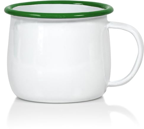 Red Co. Set of 4 Enamelware Metal 13.5 Oz Round Camping Mugs with Handle, Solid White/Dark Green Rim
