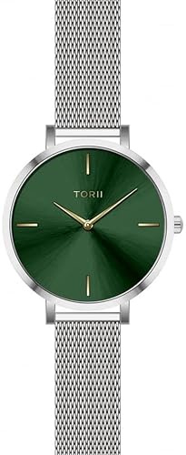 TORII Damenuhr Grün Edelstahl - rund Quarz S28SS.F4 Milanaise-Armband Strichindizes wasserdicht 50 m