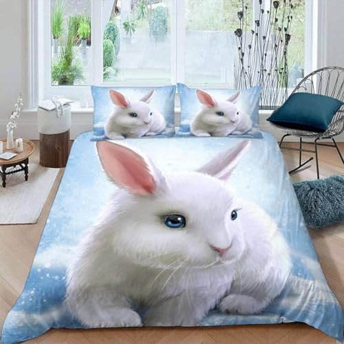 NYSMGS Bettwäsche 135x200 Kaninchen Mädchen Jungen Kinder 3D Druck Tiere Weiß Bettbezug Weich 100% Mikrofaser Bettwäsche-Sets 2Teilig mit Reißverschluss und Kissenbezüge 80x80 cm a659