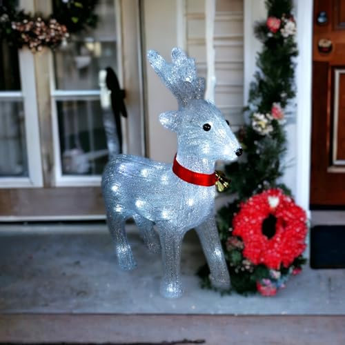 mysmartbuy.com Indoor or Outdoor Light Up Acrylic Reindeer Christmas Decoration with 40 LEDs & Timer - Battery Powered Freestanding Illuminated Festive Xmas Sculpture Ornament - H39 x W29.5 x D11cm
