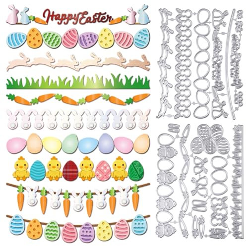 GLOBLELAND Stanzformen Mit Osterelementen Metall Kaninchen Huhn Banner Stanzungen Karotten Eier Linienrahmen Stanz Und Prägevorlagen Für Scrapbooking Basteln Papierkartenherstellung