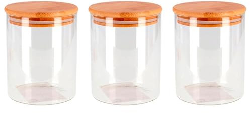 Acan Tradineur - Pack de 3 tarros de Vidrio de borosilicato y Tapa de bambú, Recipiente, Bote, Frasco para Pasta, café, legumbres, Especias - 12,5 x 10 cm - 600 ml