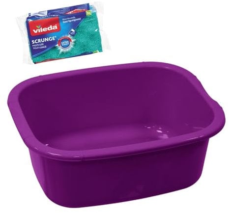 simpa 11L Multi-Purpose Purple Plastic Rectangular Household Cleaning Bowl with 3PC Sponge Pack for Washing Up, Window Cleaning, Car Valeting and Multi Room Spot Cleaning Tasks.