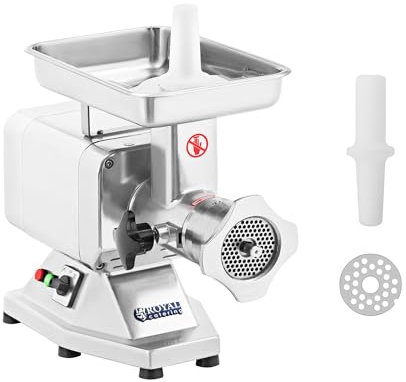 Royal Catering Edelstahl Fleischwolf Wurstmaschine Fleischmaschine (elektrisch, 220 kg/h, 1100 W, 4 Lochscheiben 36x16/8/4,5 mm, 2 Messer, EXPERT)