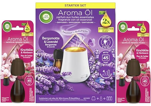 Air Wick Aroma-Öl Diffuser Starter-Set inklusive 1 Gerät, 1x20ml Bergamotte & Lavende & 2x20ml Kirschblüte & Himbeere Nachfüller