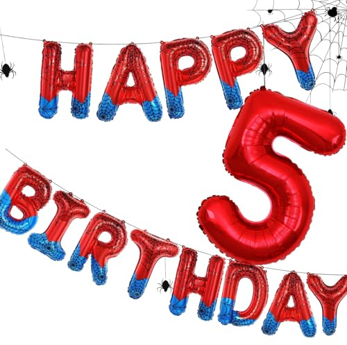 Spinnenmotiv Happy Birthday Banner Party Dekorationen Große Zahl 5 Folienballons Superhelden Party Dekorationen für Junge