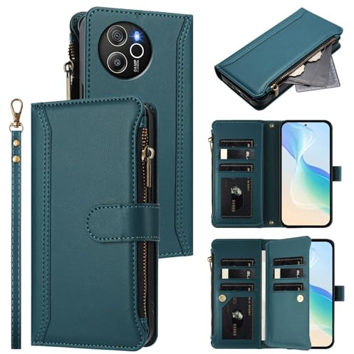 Jiajihua Hülle Kompatibel mit Blackview Shark 8 4G,Kompatibel mit Blackview Oscal Tiger 12 4G Lanyard【9 Kartenfächer】【Reißverschluss Brieftasche】【Magnetischer Verschluss】 Ständer Green